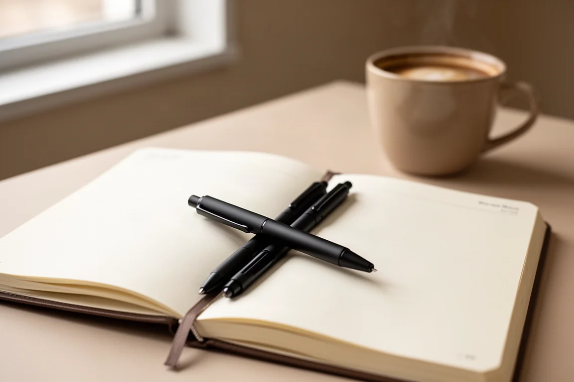 Multi-stylo posé sur un agenda ouvert dans un espace de travail rangé