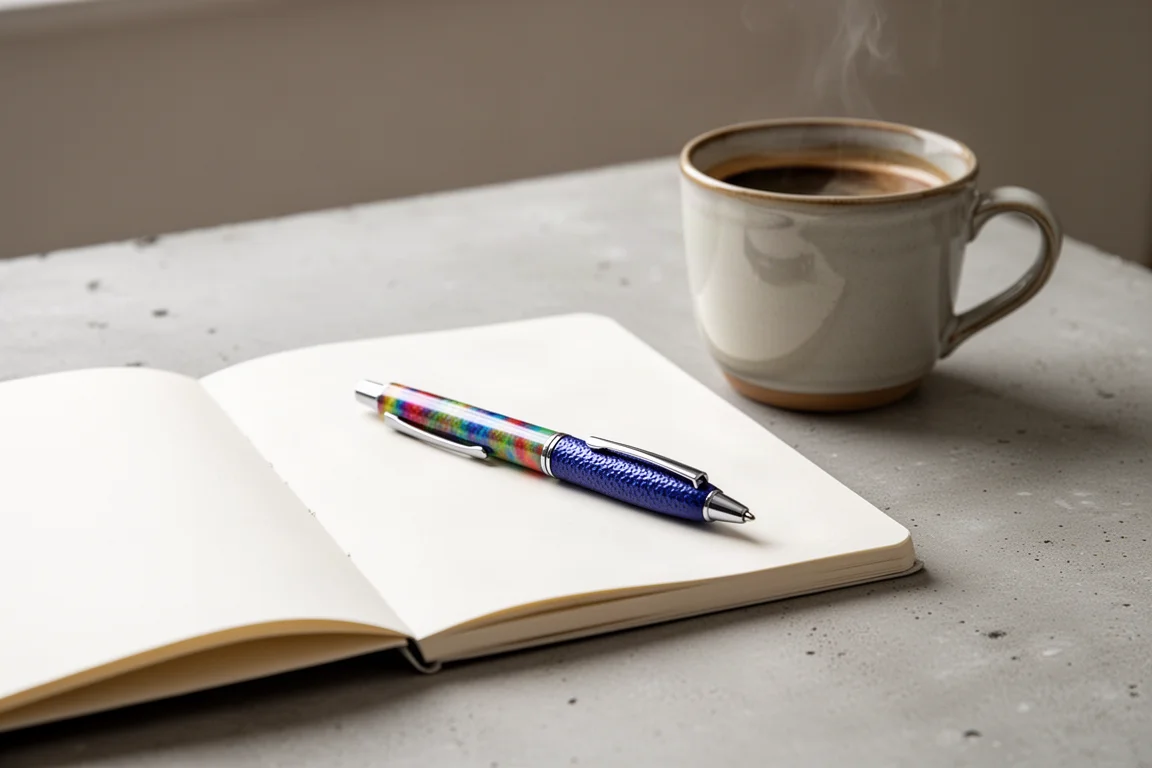 Caneta multicolorida curta e ergonômica apoiada em um caderno ao lado de uma xícara de café