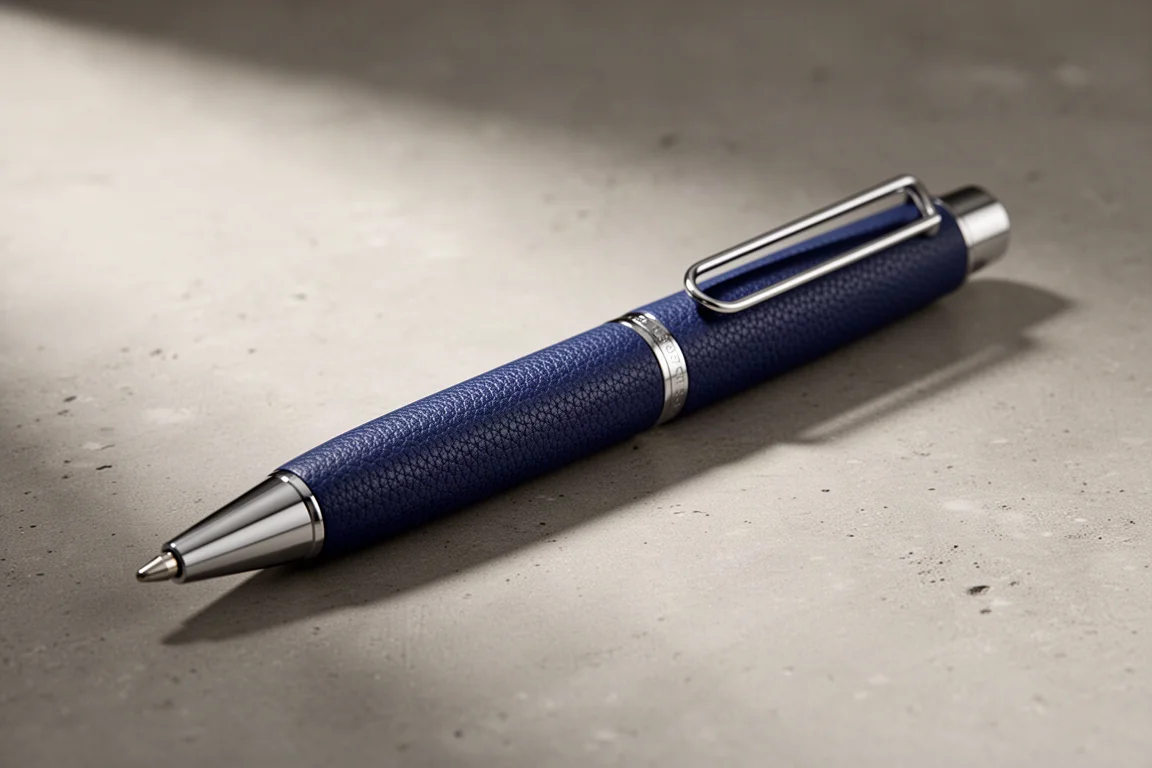 Deep indigo multi-color ballpoint pen with leather-tone finish on a concrete surface