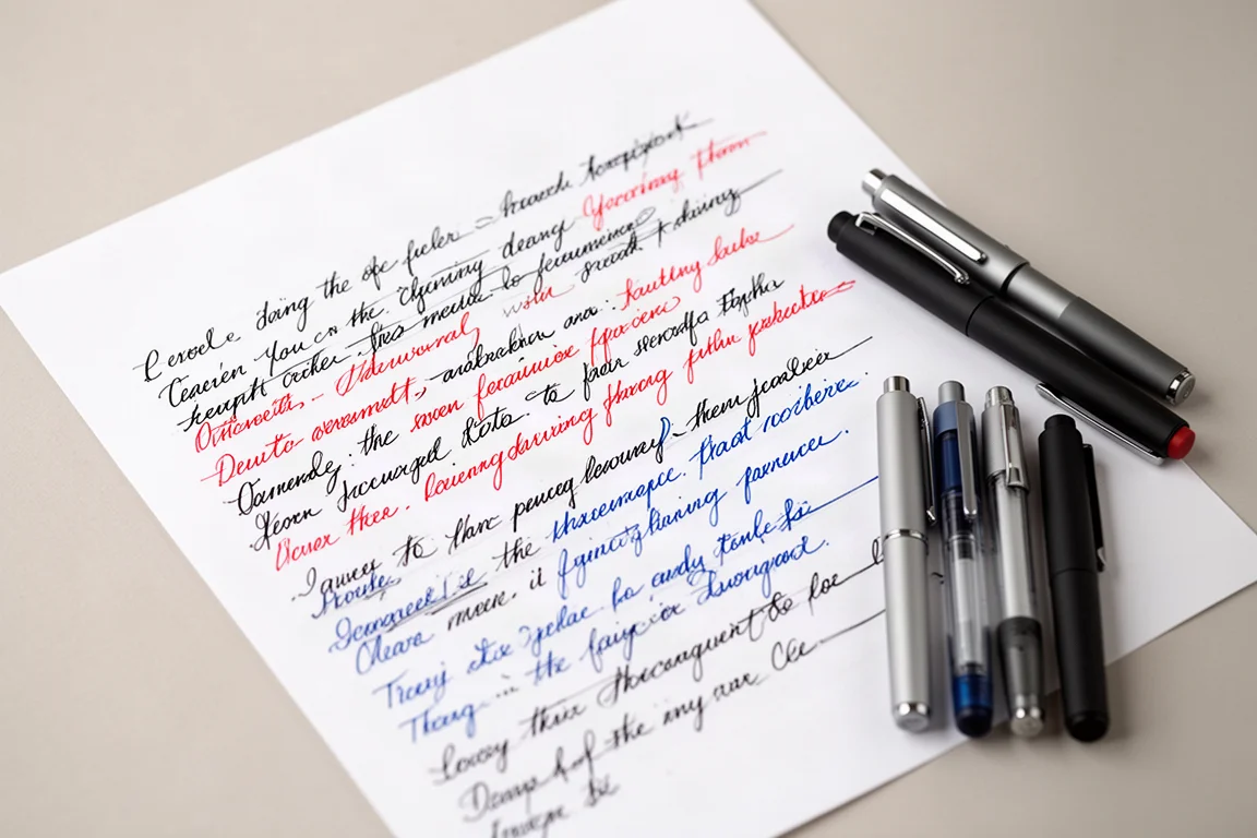 Test pisma pokazujący gładkie, ciemne linie tuszu na białym papierze