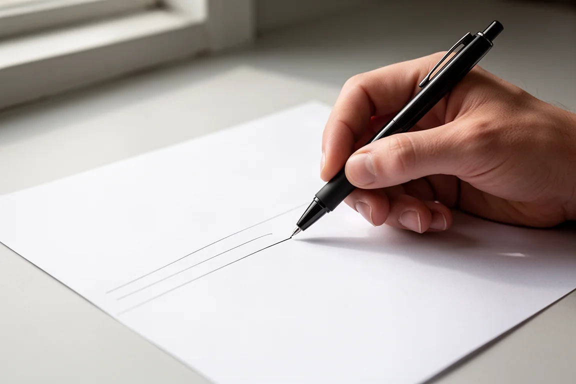 Mano che scrive fluidamente su carta bianca con una penna a sfera nera