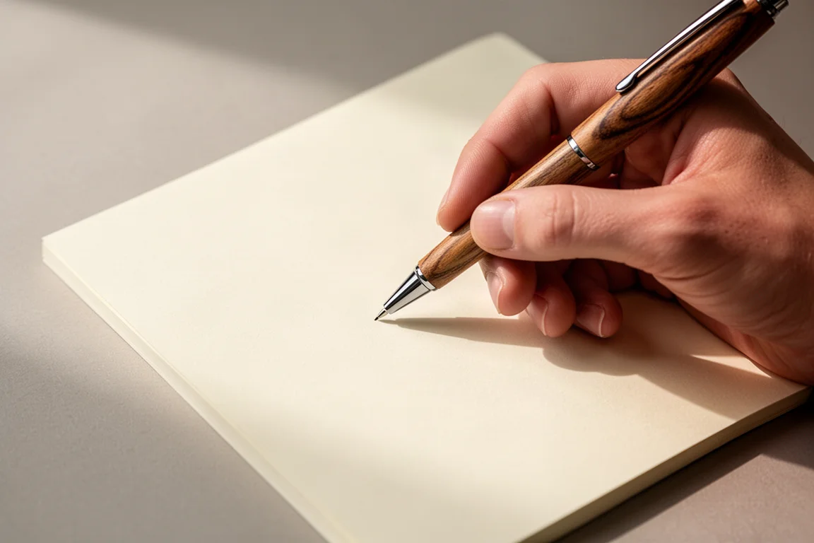 Dedos pulsando el mecanismo de click del bolígrafo mientras se escribe en un escritorio