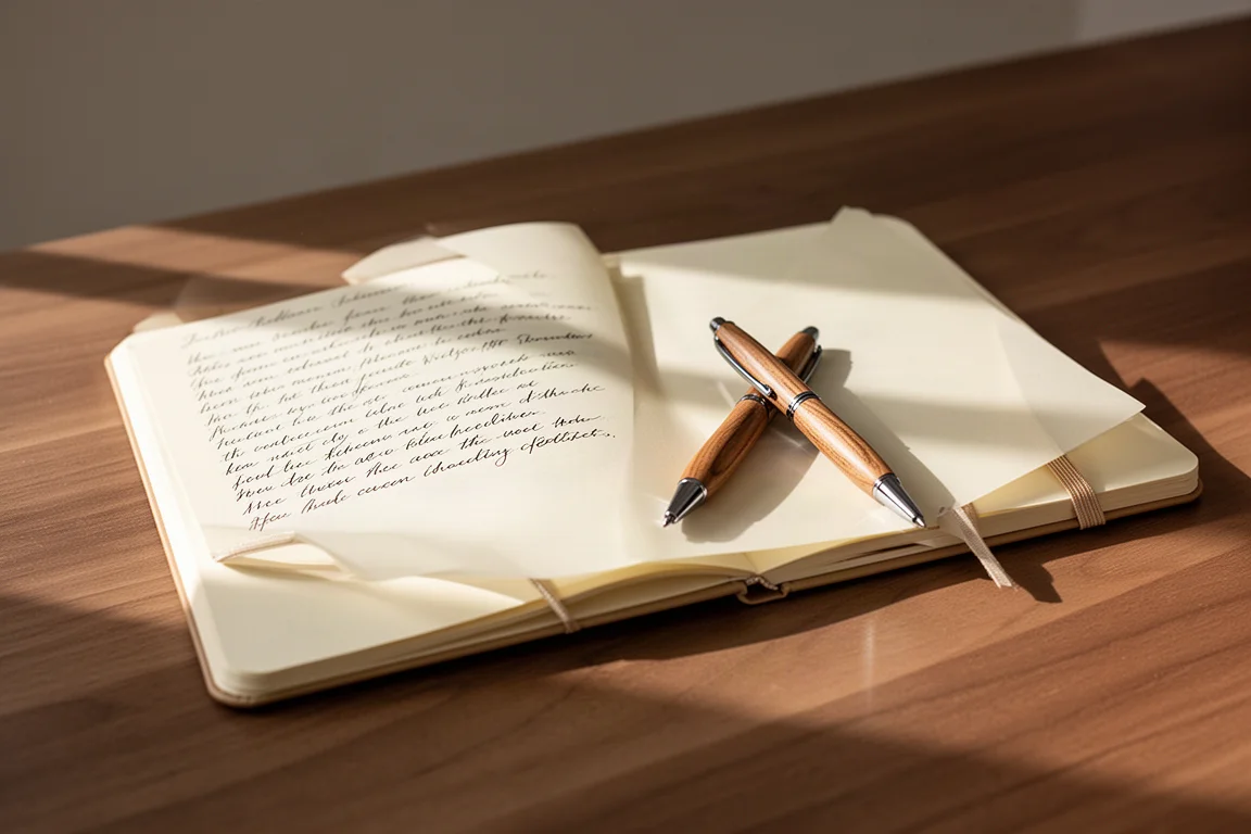 Cuaderno abierto con una letra suave y el bolígrafo apoyado a su lado sobre un escritorio de madera
