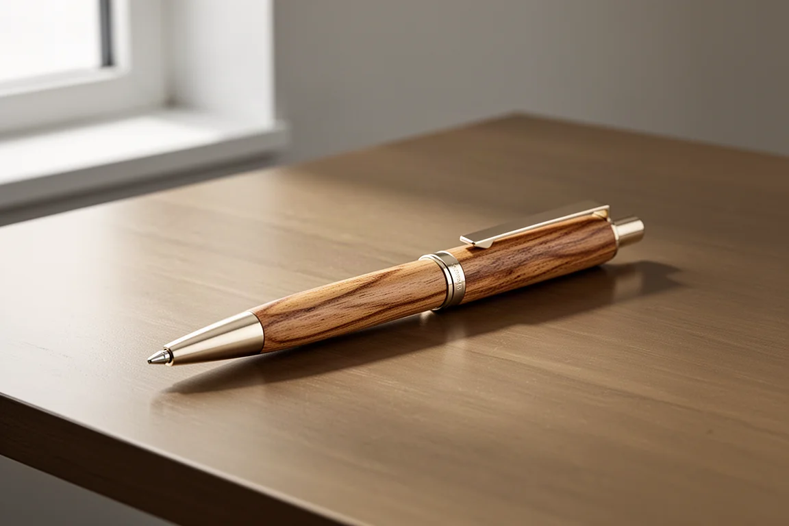 Penna a sfera in legno di botte con finiture oro champagne su una scrivania in legno spazzolato