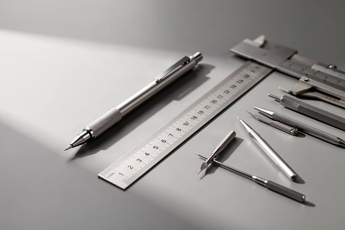 Matita da disegno tecnico accanto a un righello e strumenti da disegno su una scrivania