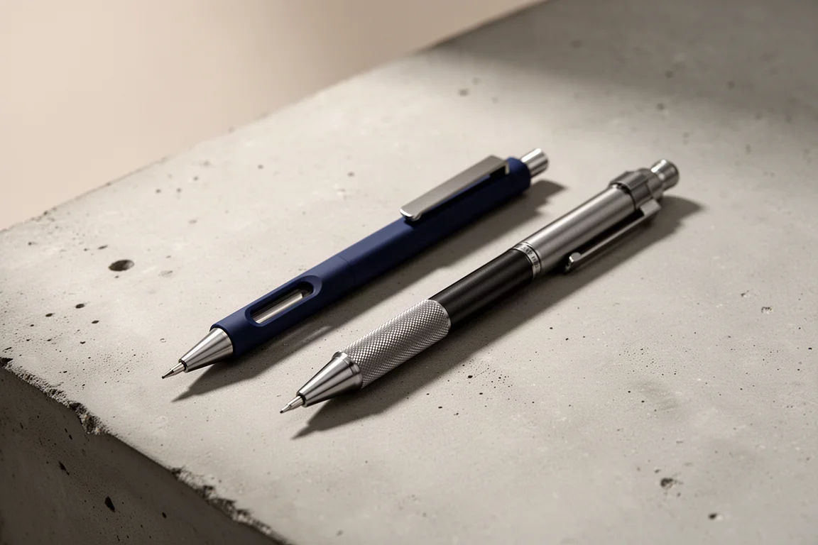 Uni Kuru Toga KS Model and Pentel Graph Gear 1000 mechanical pencils side by side on a grey surface