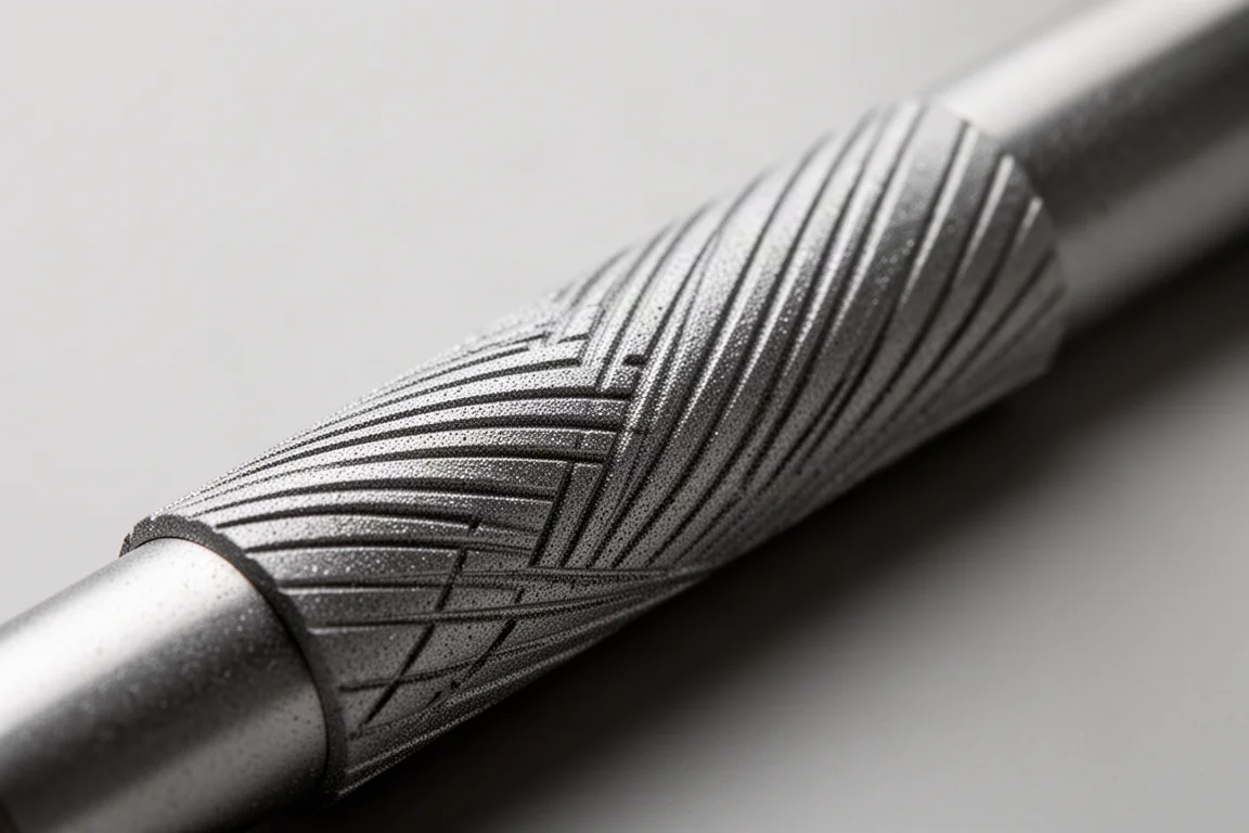 Nahaufnahme eines tief gefrästen, texturierten Metallgriffs an einem Druckbleistift