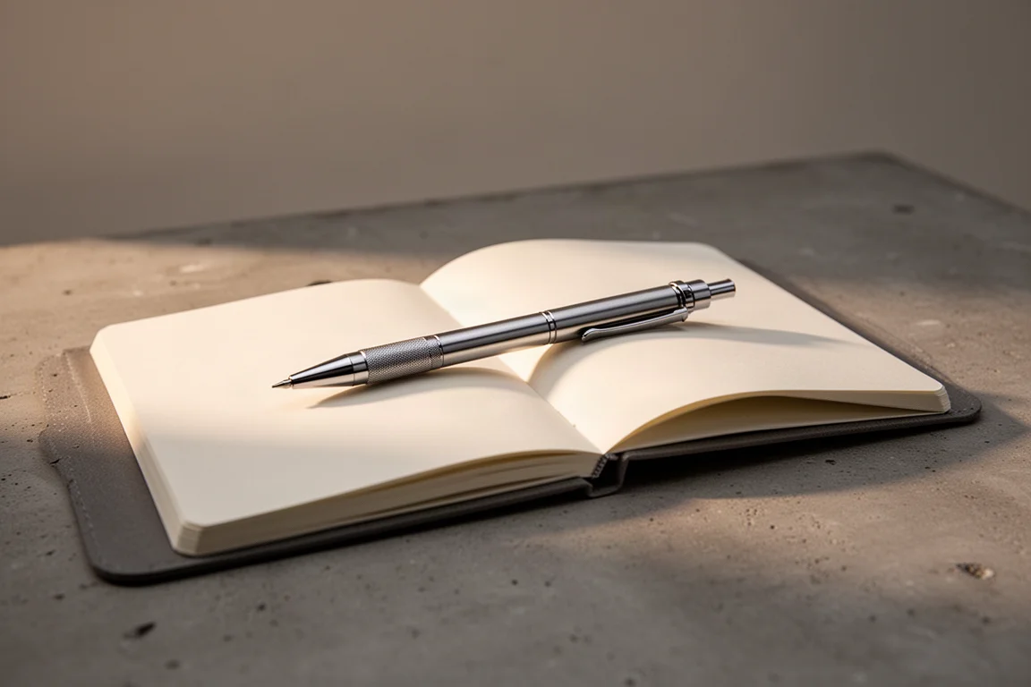 Metall-Druckbleistift balanciert auf Fingerspitzen über einem aufgeschlagenen Notizbuch