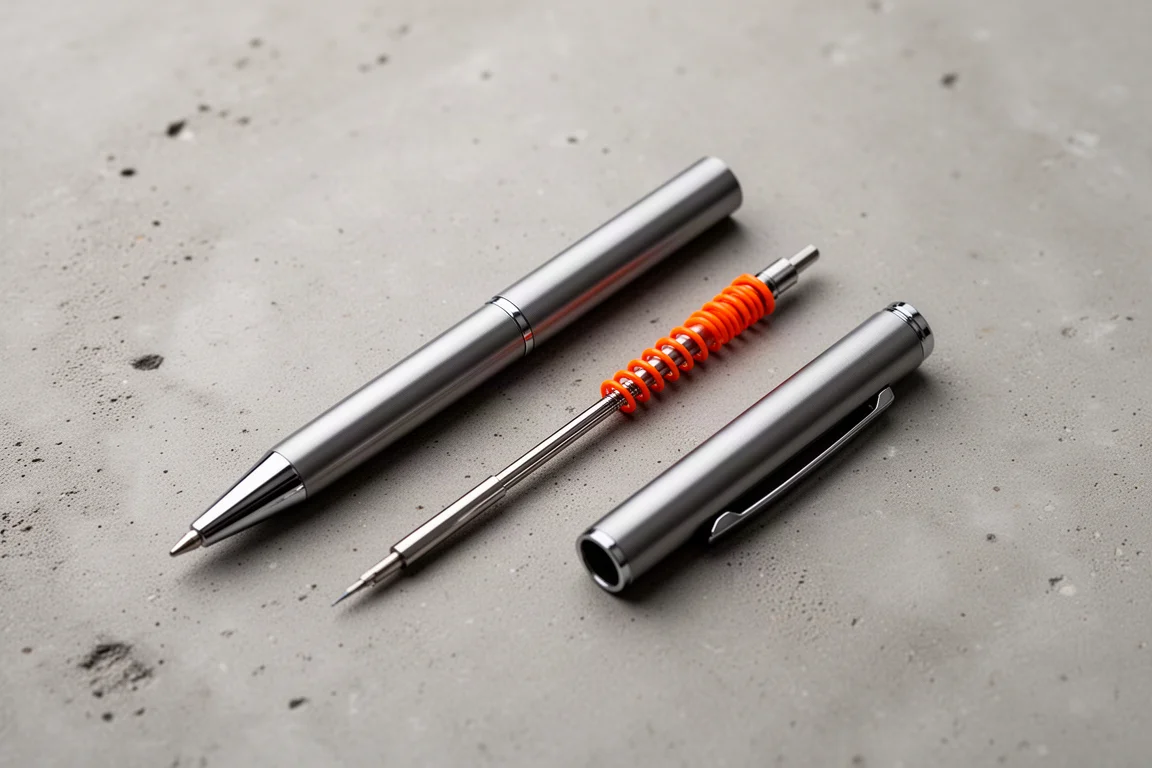 Gedemonteerde pen met een interne inktvulling en een oranje veer