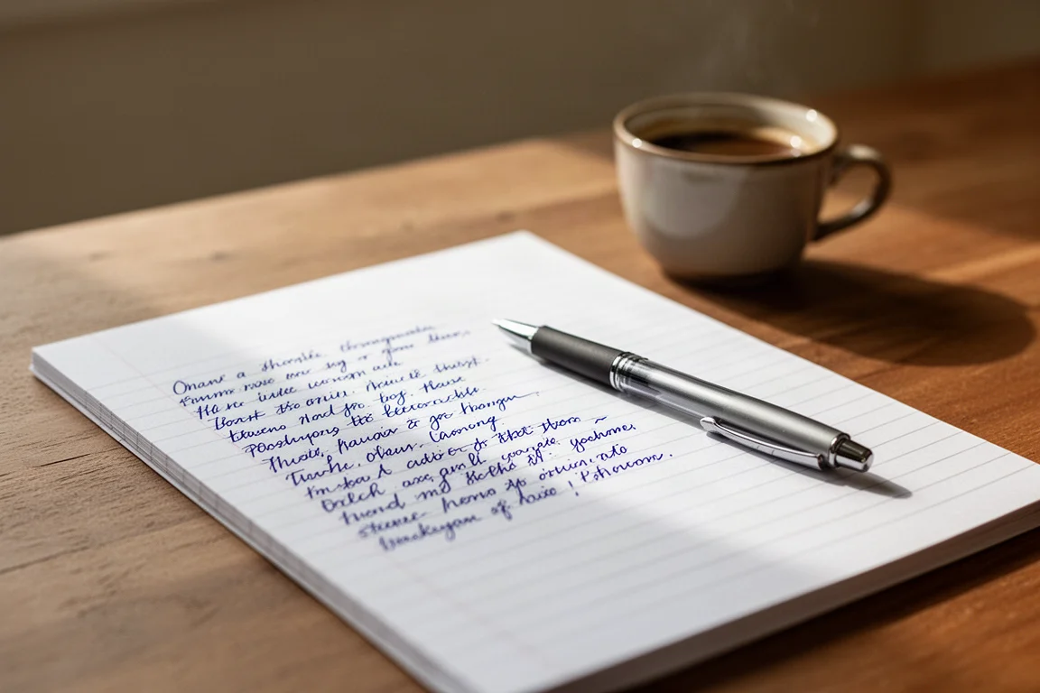 Met de hand geschreven notities die drogen op een lijntjesnotitieboek naast een pen op een bureau