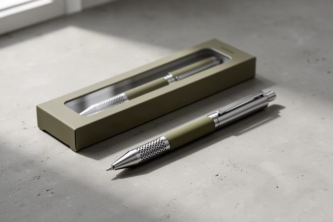 Khaki mechanical pencil with perforated metal grip beside its opened packaging on a concrete surface