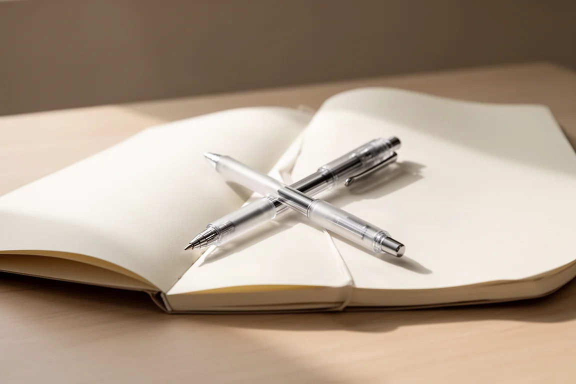Multipen apoyado en un escritorio junto a un cuaderno bajo una suave luz matutina