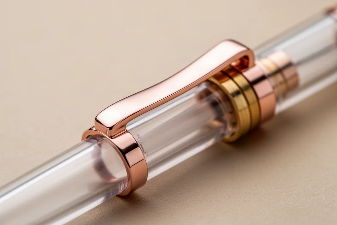 Primer plano del clip metálico de oro rosa de un cuerpo de bolígrafo translúcido