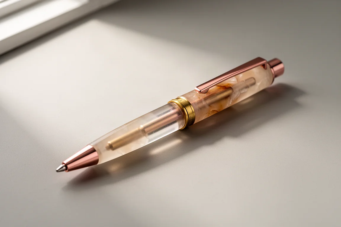 Multi-penna cinque colori traslucida con clip in oro rosa appoggiata su una superficie grigio chiaro
