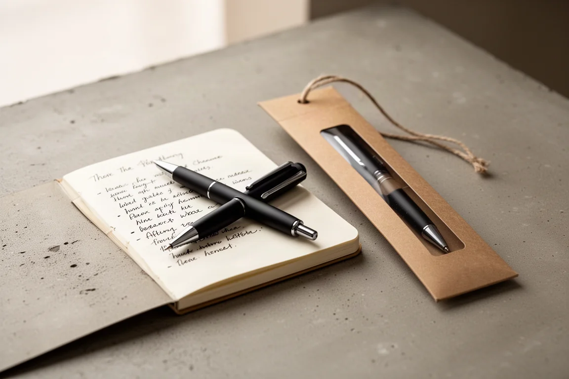 Multi-penna compatta nera appoggiata su un piccolo taccuino accanto a una confezione regalo di carta