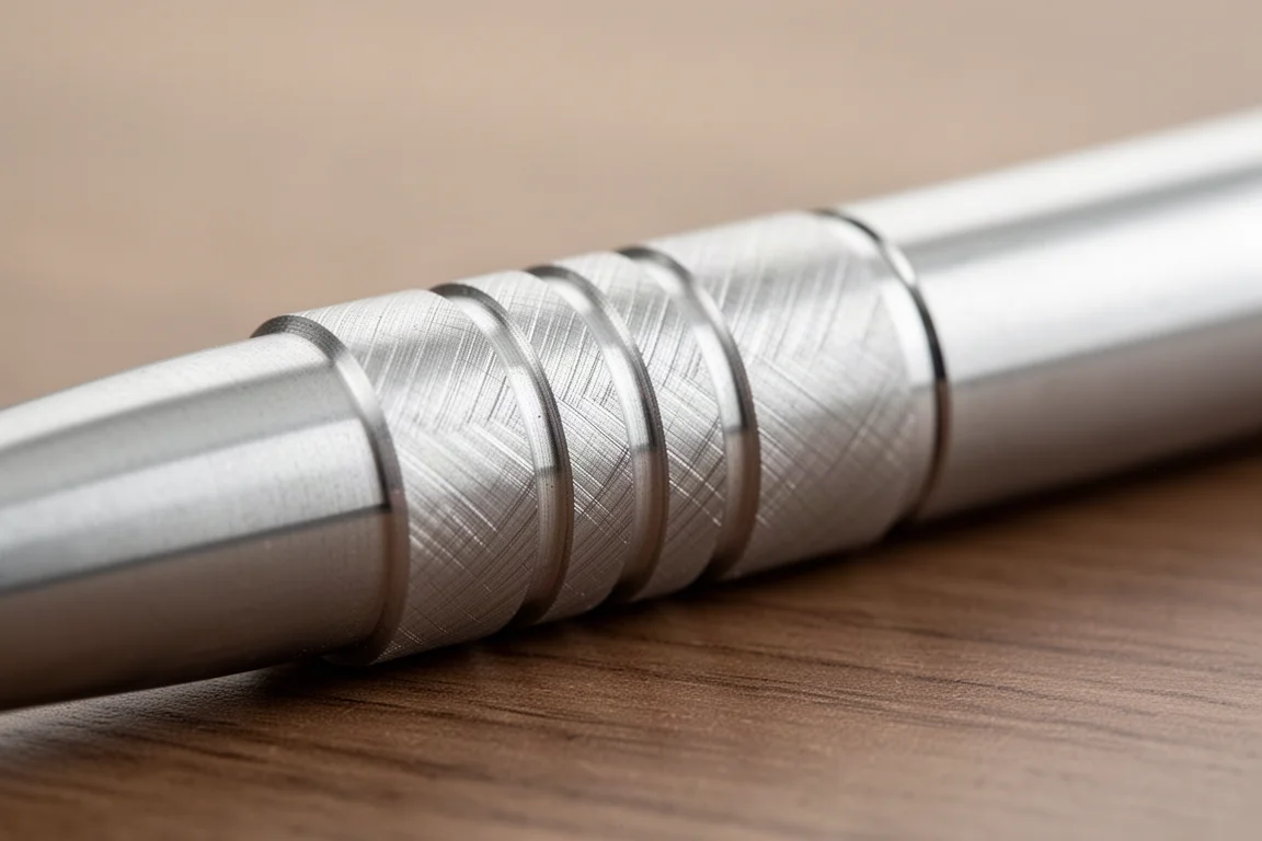 Primer plano de un grip de aluminio con estrías verticales poco profundas sobre un escritorio