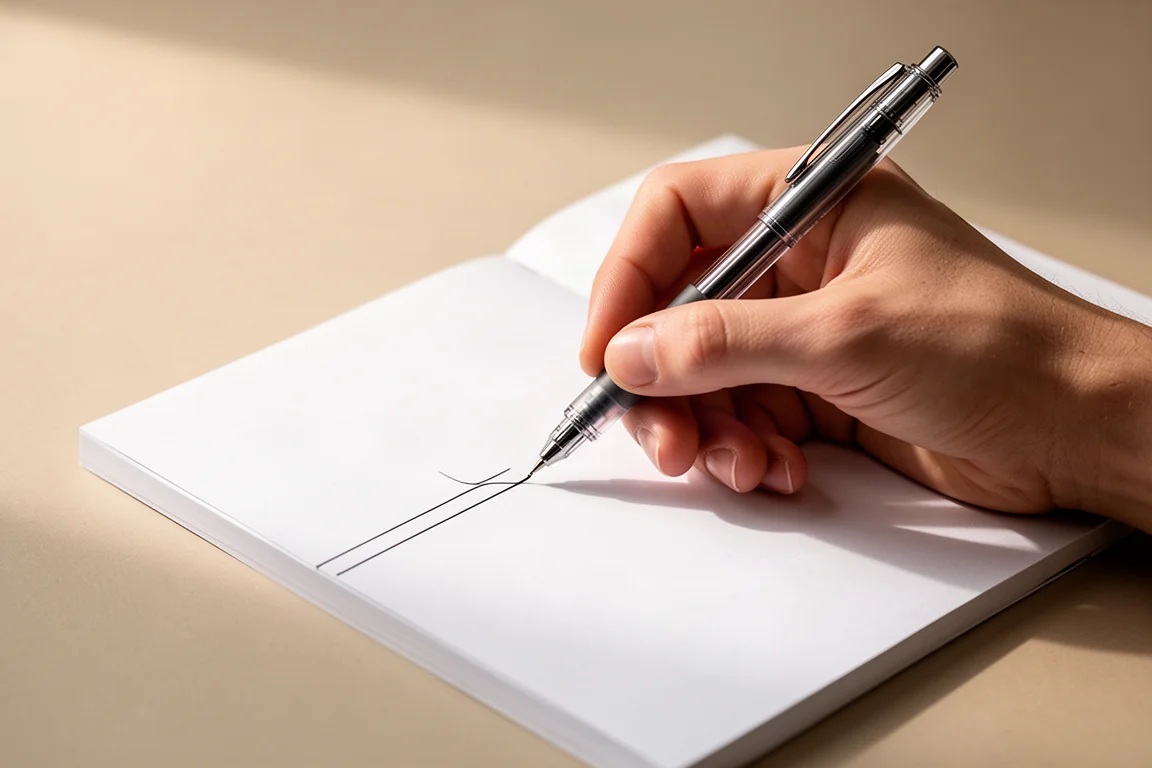 Mano escribiendo líneas oscuras y suaves con un bolígrafo de gel en papel de cuaderno blanco