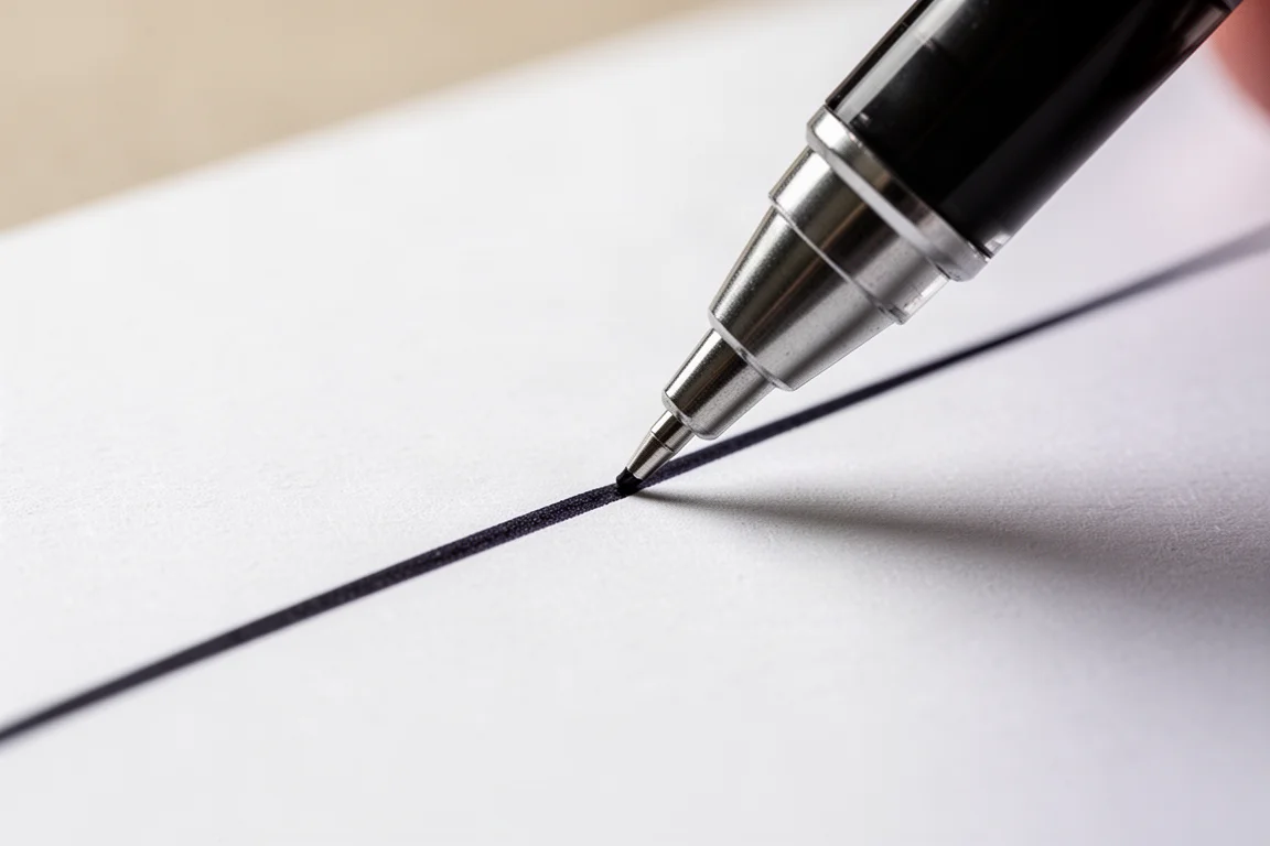 Zbliżenie na końcówkę długopisu żelowego 0.38mm kreślącą cienką, wyrazistą linię na papierze