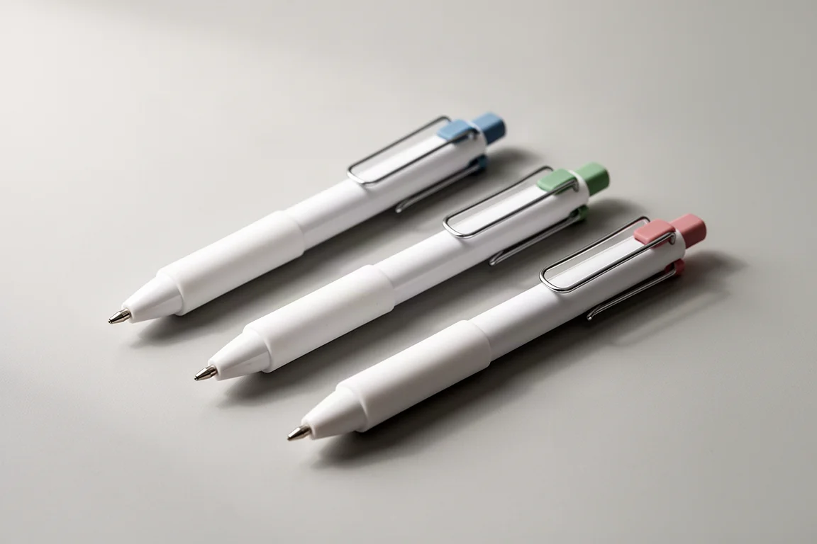 Tre penne gel bianche Uni-ball One con dettagli colorati su una superficie grigio chiaro