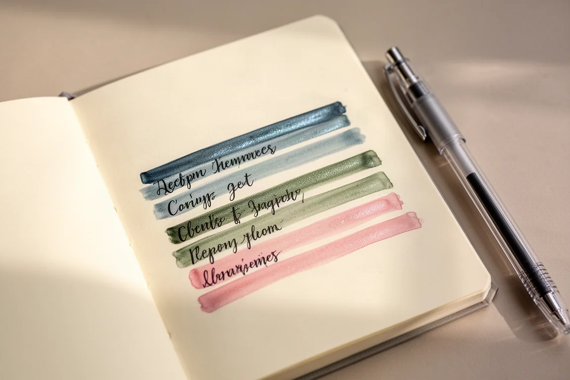Mano haciendo muestras de colores de bolígrafos de gel metálicos en una página de agenda