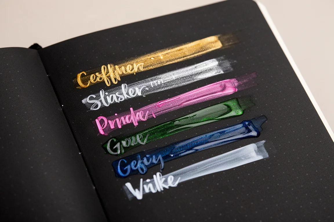 Tinta de bolígrafo de gel metálico brillando sobre papel de diario negro con puntos