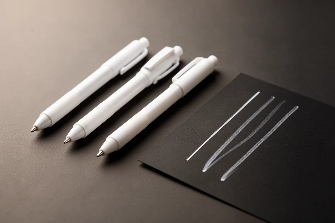 Tres bolígrafos de gel blancos alineados junto a sus líneas de muestra sobre papel negro