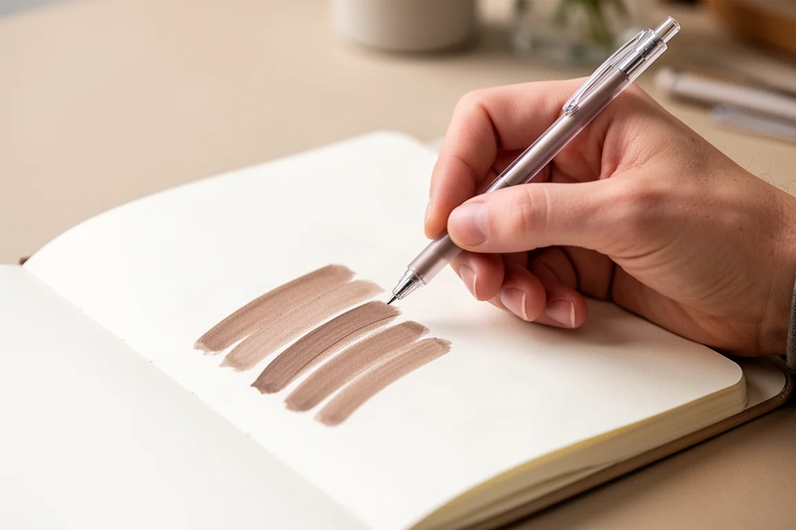 Eine Hand测试 zartes braunes Gel-Pen-Tinte auf glattem weißem Journalpapier aus