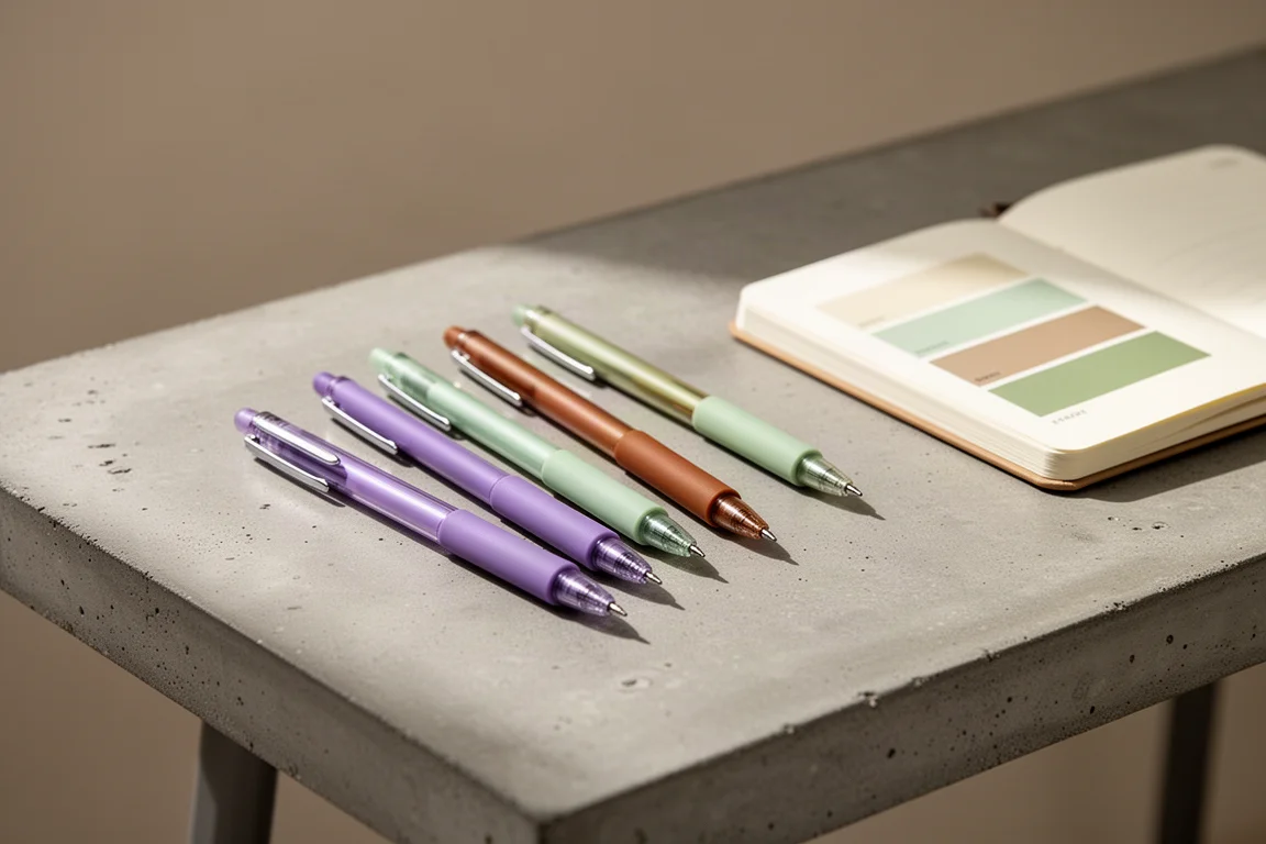 Eine kurze Reihe von drei Gel Pens in deutlichen Lila-, Grün- und Brauntönen auf einem Schreibtisch