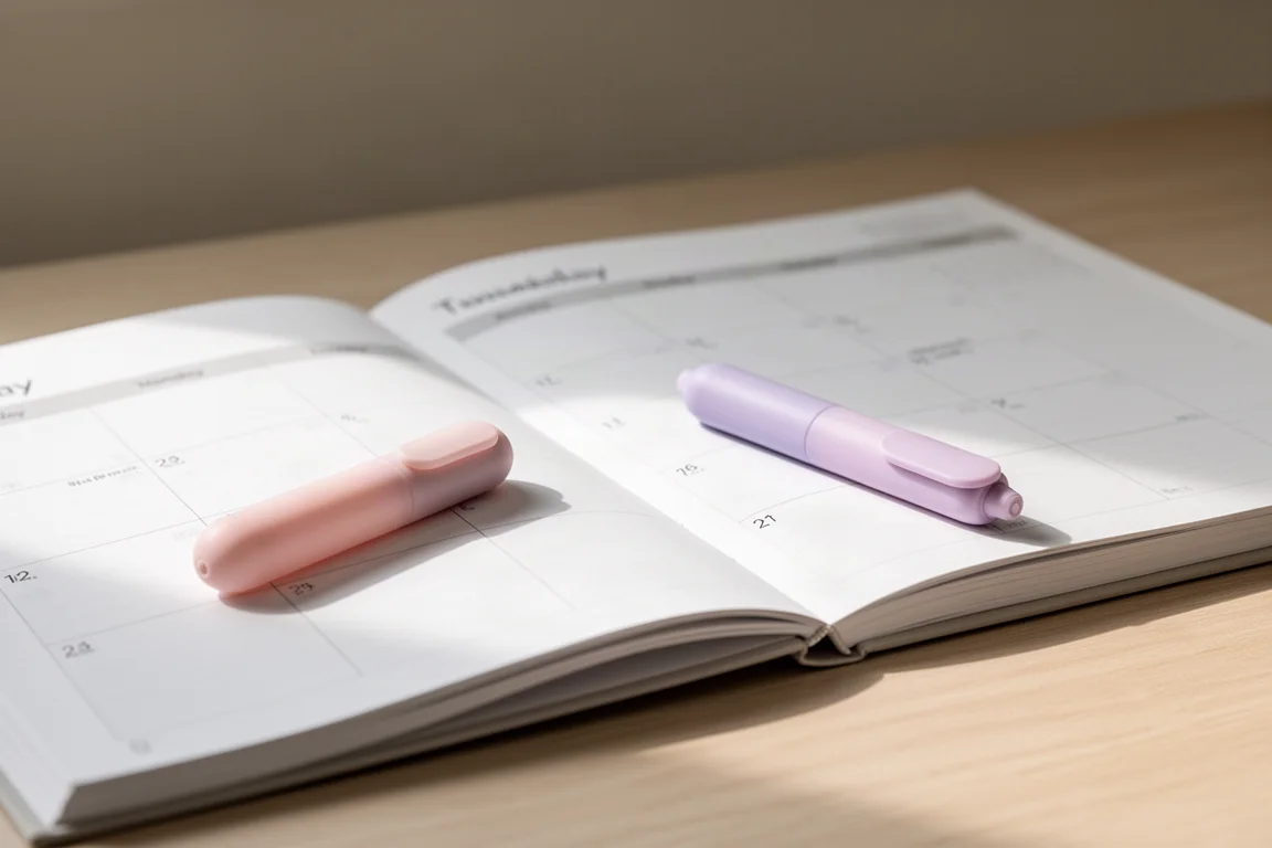 Penna gel compatta e arrotondata appoggiata accanto a un planner sulla scrivania alla luce del giorno