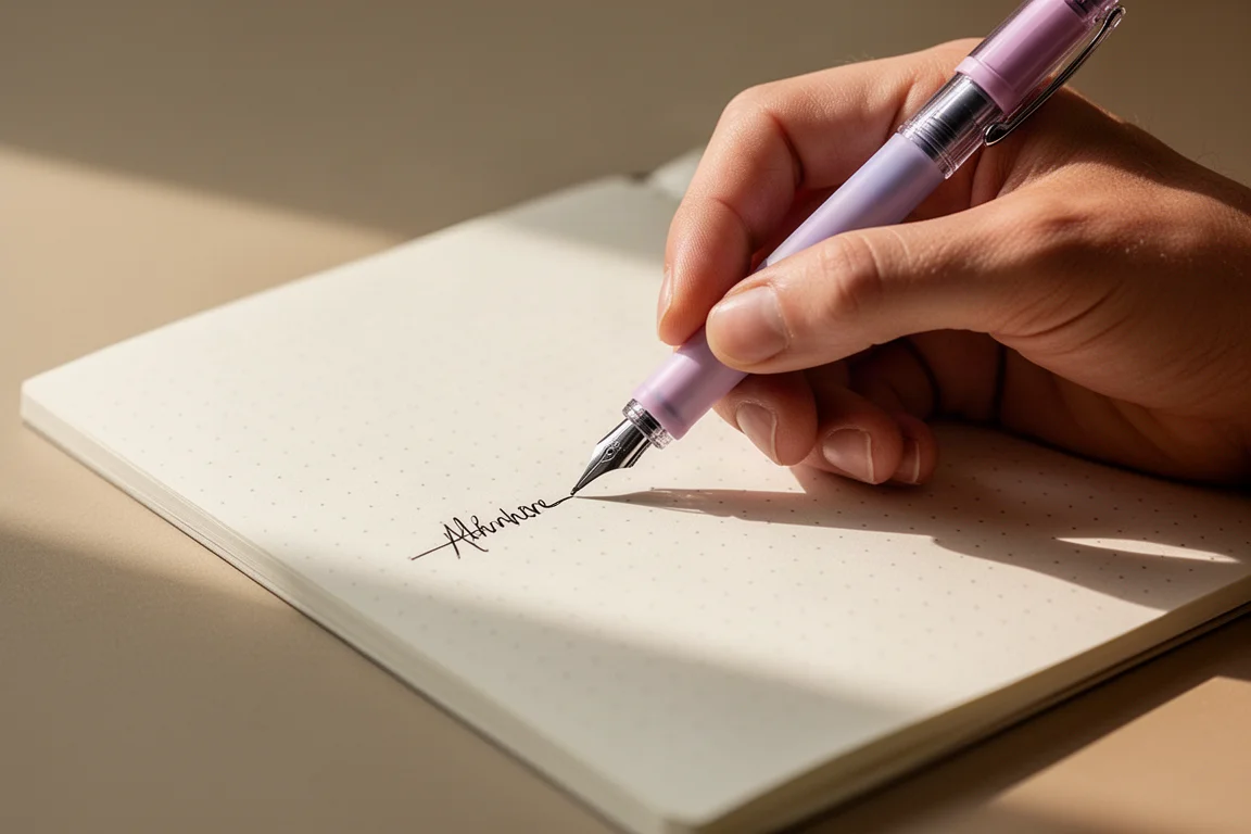 Mano che scrive linee fini da 0.38mm con penna gel su un quaderno