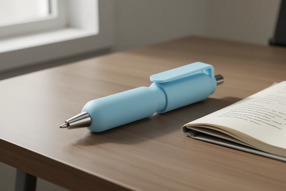 Penna gel compatta color azzurro pastello con corpo arrotondato su una scrivania in legno