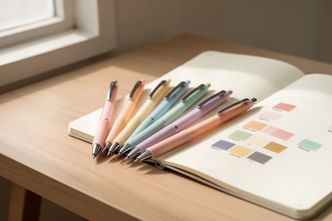 Sei penne gel dai colori pastello disposte a ventaglio accanto a un diario a puntini aperto su una scrivania