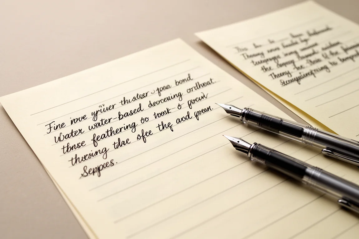 Handwriting sample lines made with a water-based rollerball pen on cream notebook paper