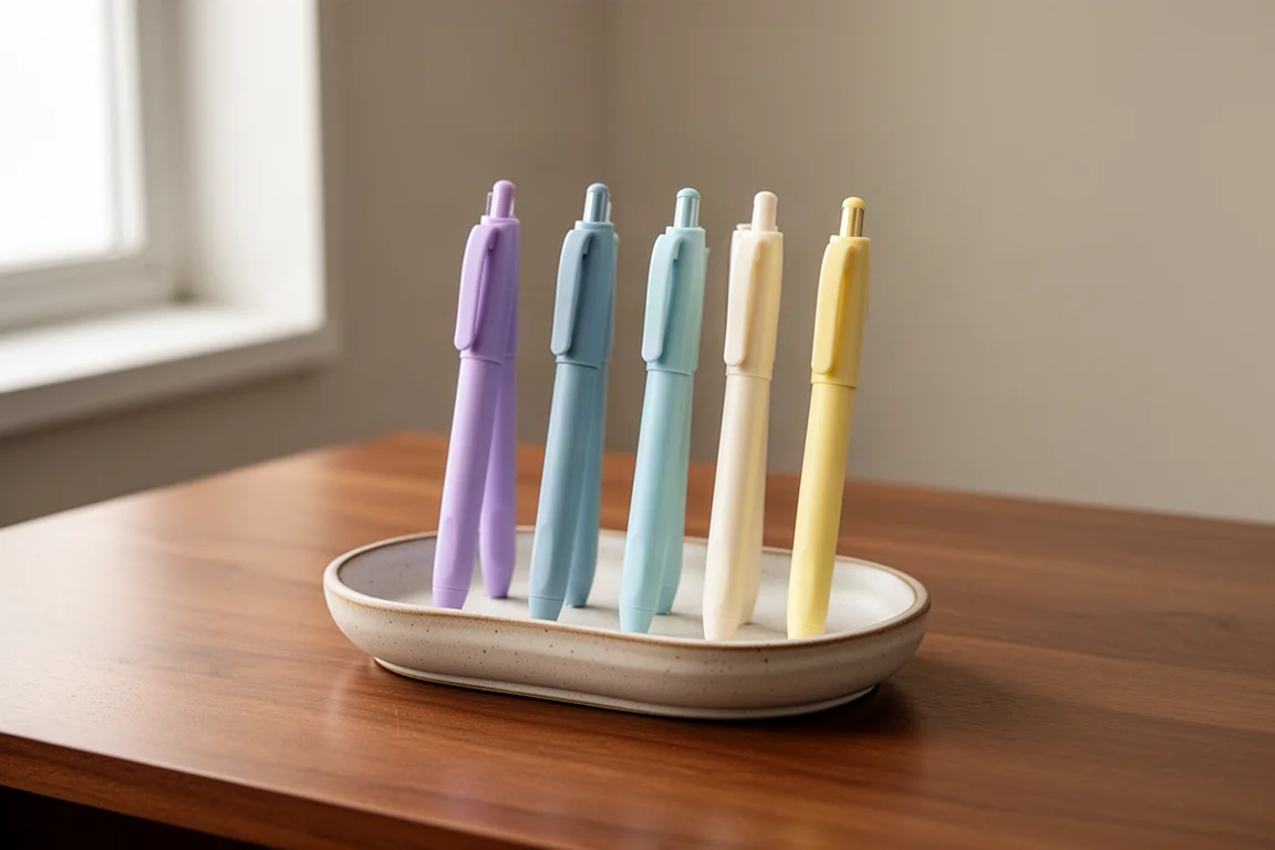 Pastel-colored rollerball pens lined up on a light wooden desk