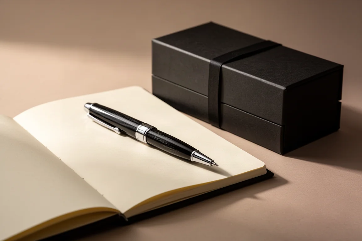 Capped metal-bodied pen resting on an open leather journal beside a paper gift box