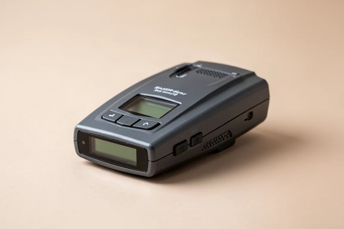 Collection of modern radar detectors on a matte concrete surface
