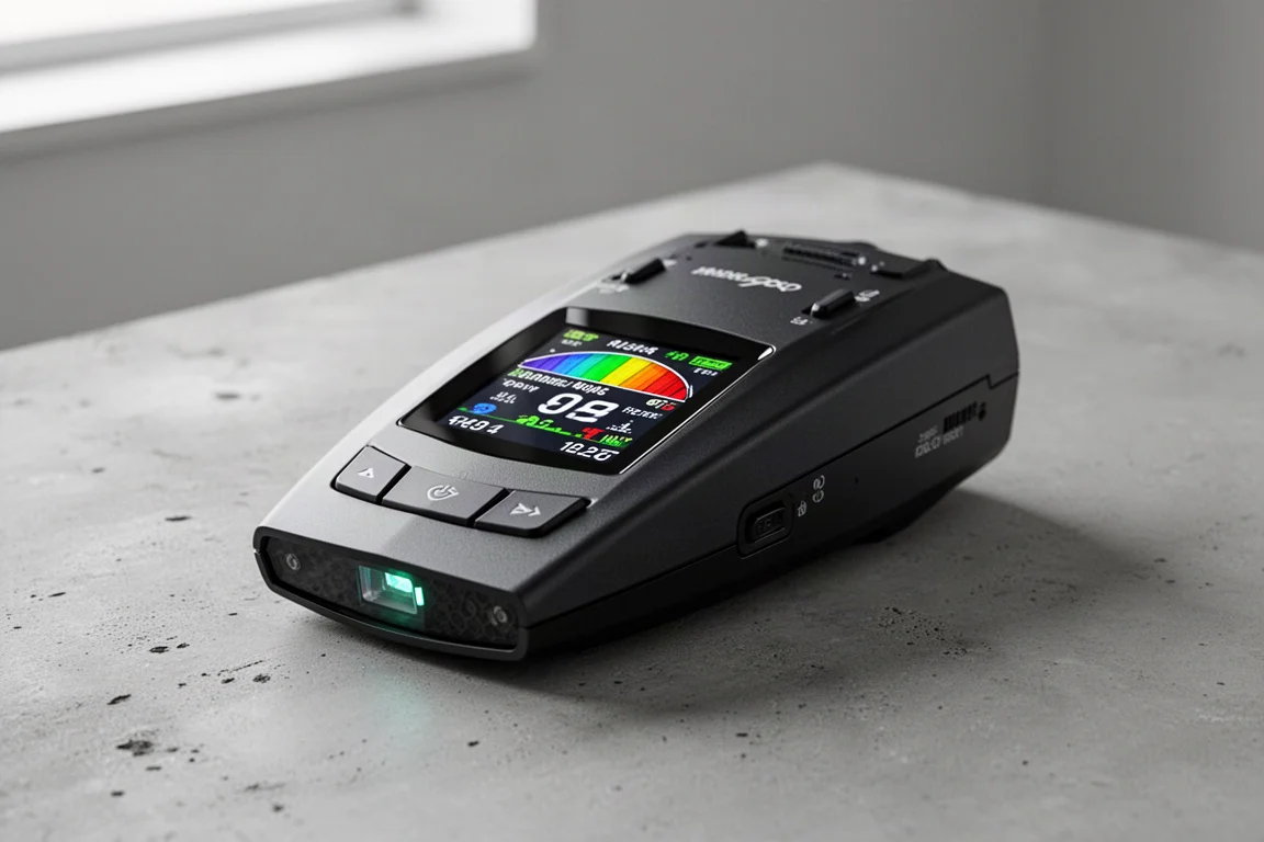 Collection of modern radar detectors on a matte concrete surface