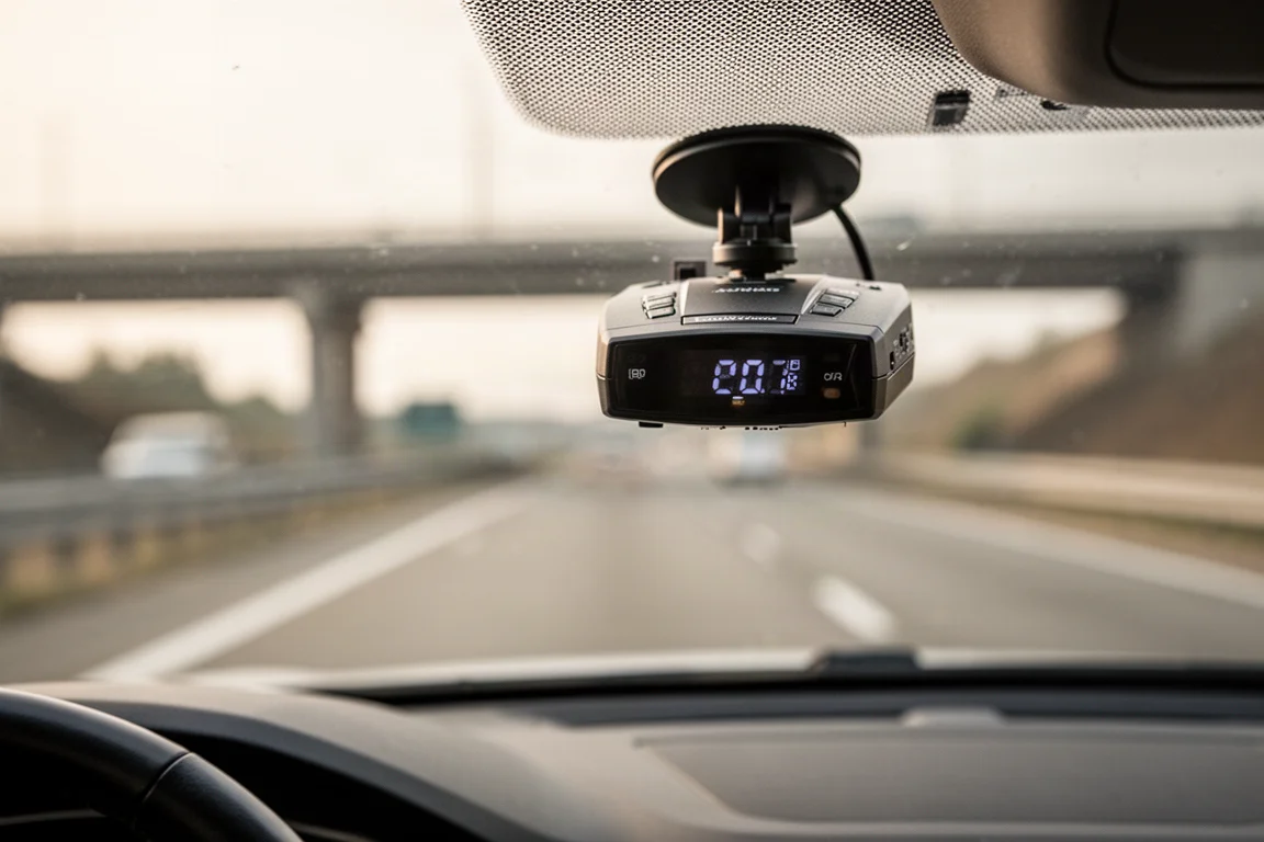 Radar detector mounted on a car windshield with a highway visible through the glass
