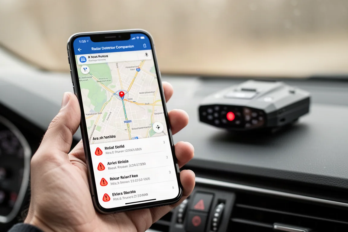 Close-up of a hand holding a smartphone showing a radar detector companion app