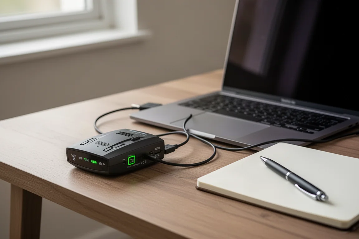Radar detector connected to a laptop with a USB cable for firmware updates