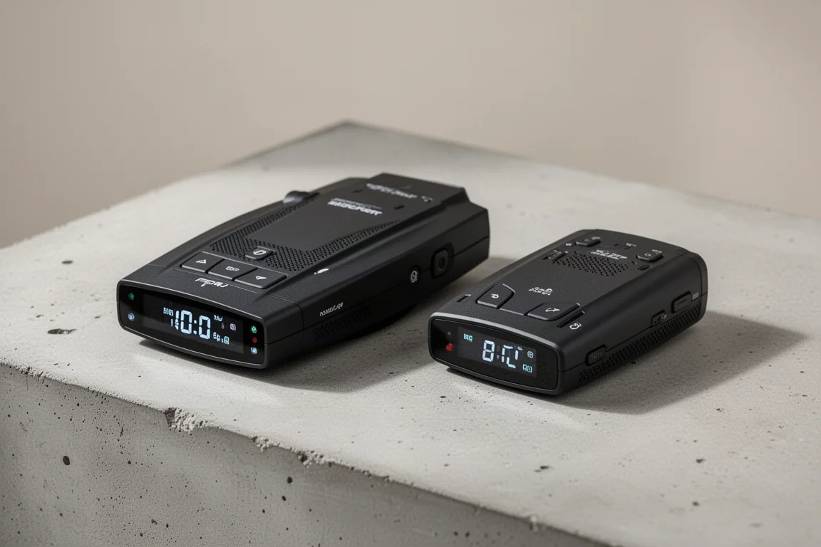 Two radar detectors side by side on a concrete surface showing size difference
