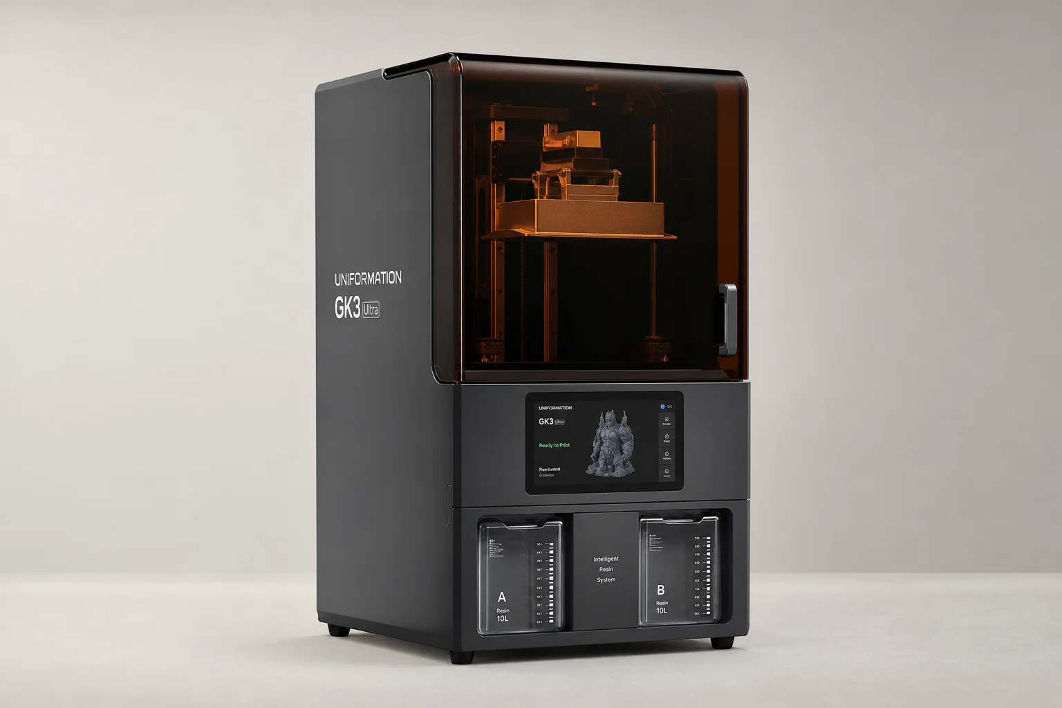 Collection of five resin printers arranged by size on a concrete surface