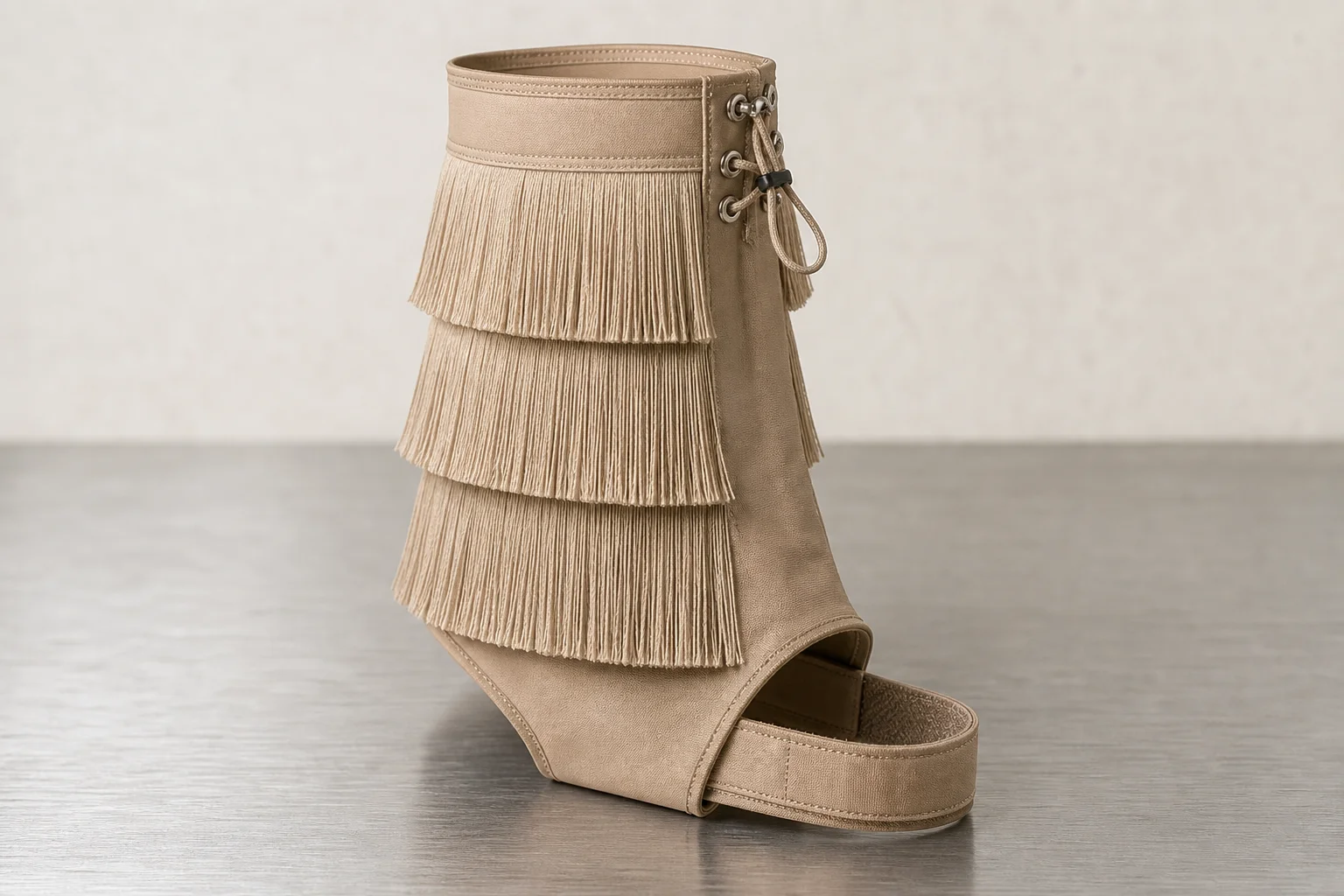 Five leg gaiters in different styles and materials arranged on concrete