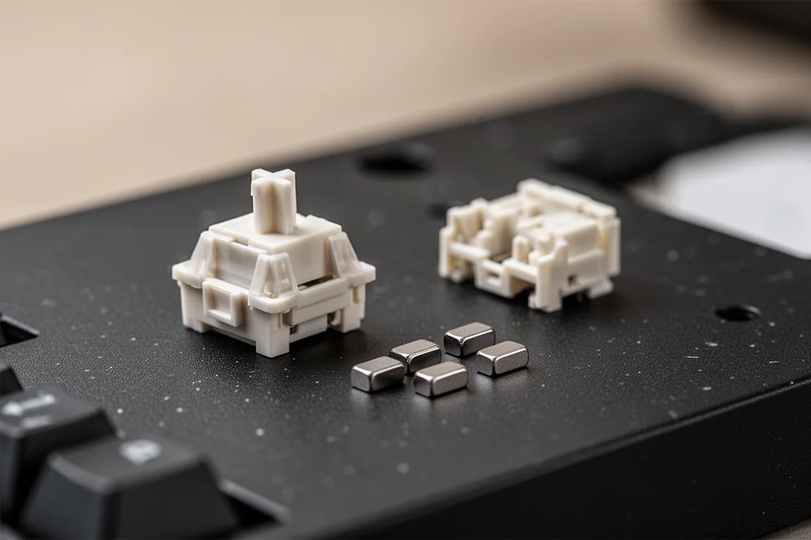 Close-up of a disassembled keyboard switch showing magnets and no spring