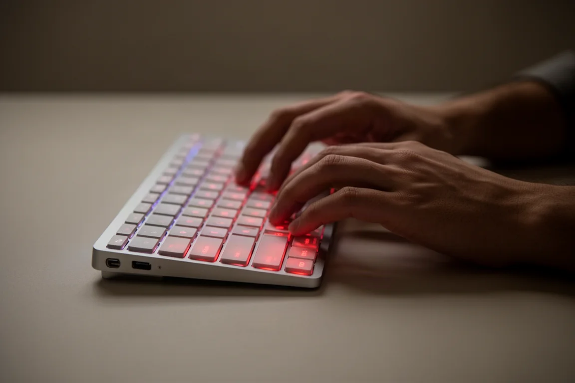 Hands typing on a keyboard with RGB backlighting in a dim room