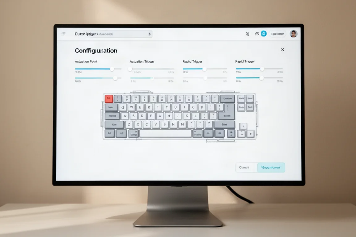 Keyboard software interface on a monitor showing actuation point sliders