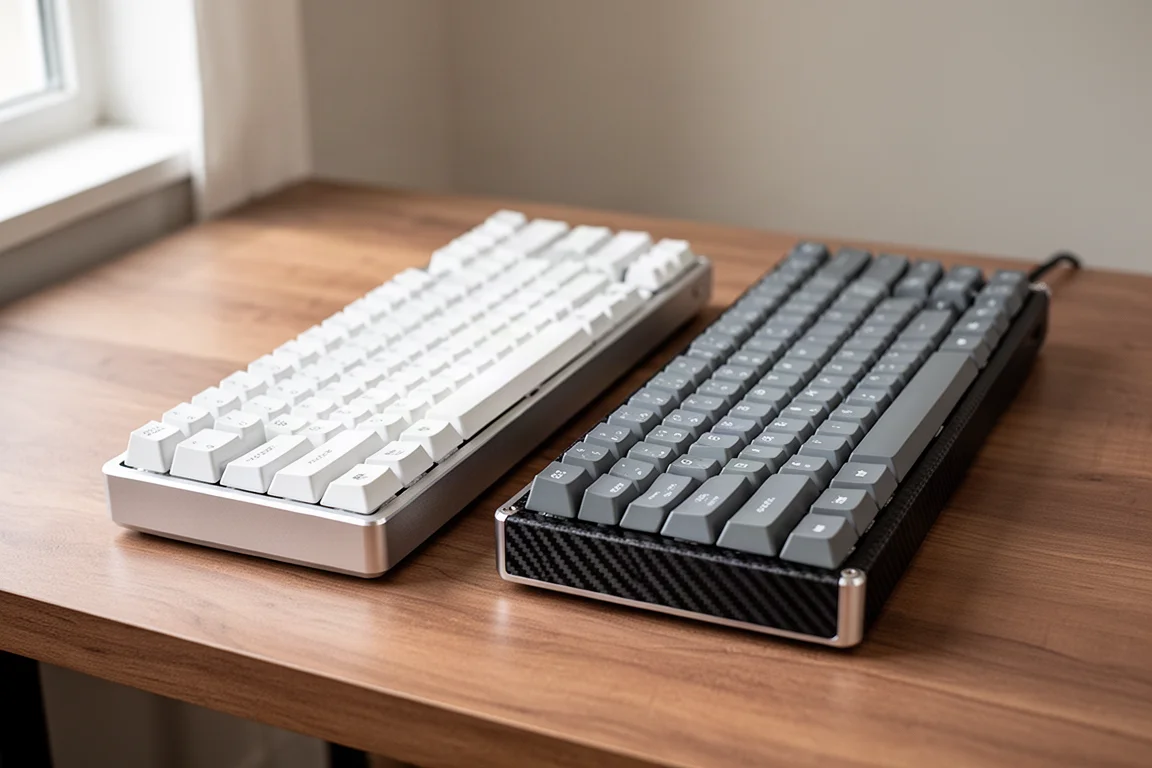 Side-by-side comparison of two keyboards with different keycap styles on a desk