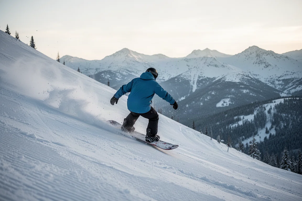 Snowboardeur carvant fort dans une pente raide avec une flexion de planche visible