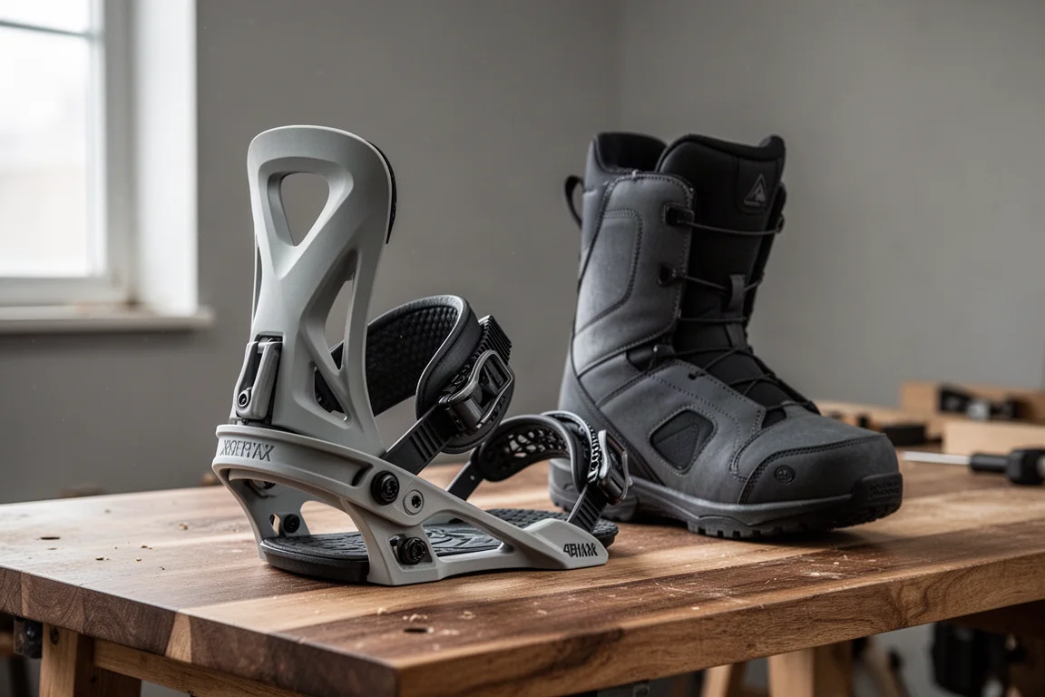 Highback asymétrique monté sur une fixation de snowboard sur une table d'atelier