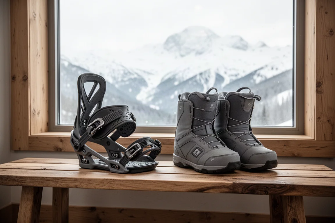 Highback de fixation de snowboard appuyé contre des boots dans un lodge